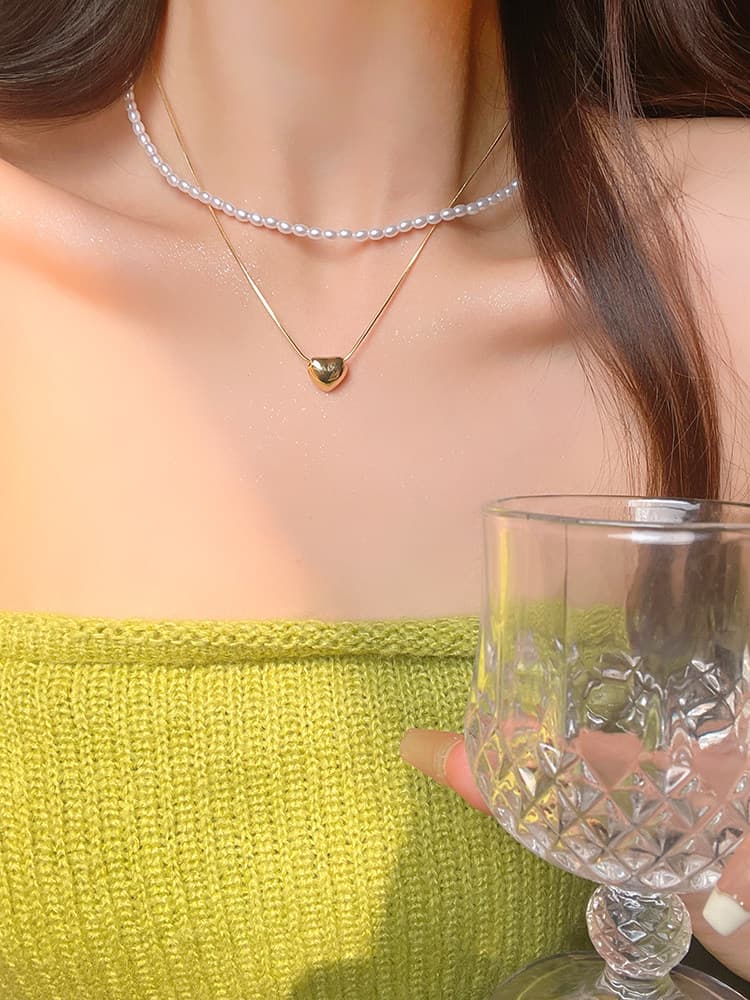 淡水パールと華奢チェーン二連重ね付けネックレス