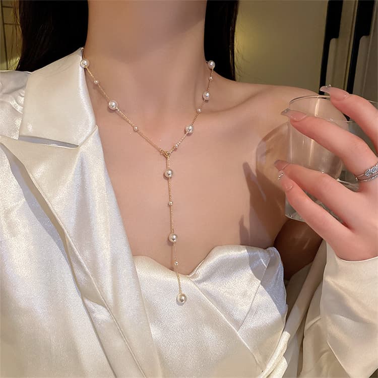 ゴールド ワイ型 真珠 ロング ネックレス 
