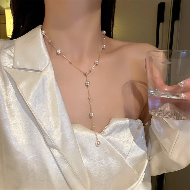 ゴールド ワイ型 真珠 ロング ネックレス 
