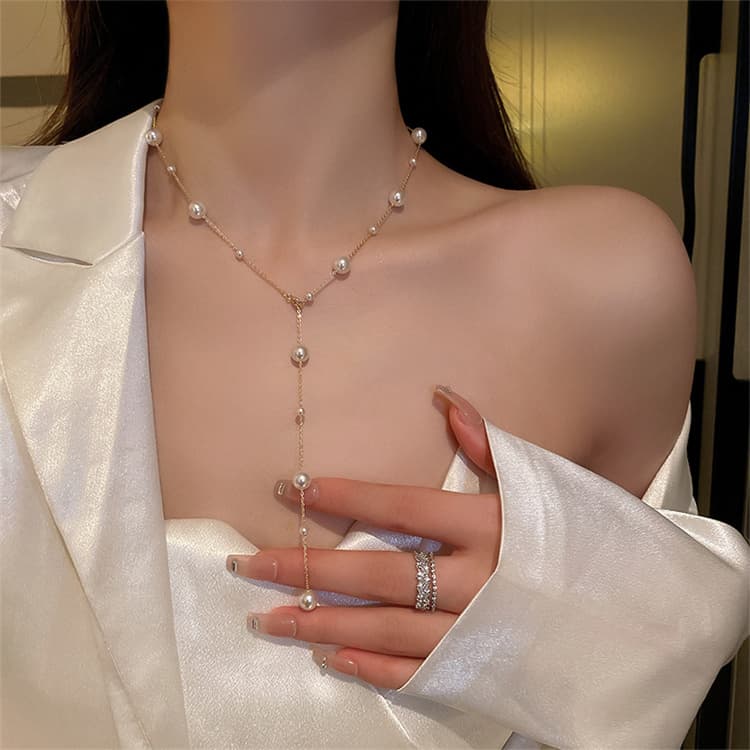 ゴールド ワイ型 真珠 ロング ネックレス 
